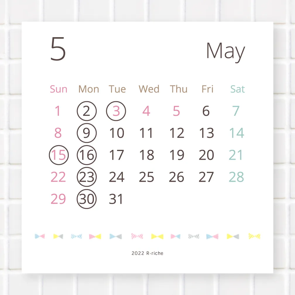 長浜市の美容室 アールリッシュの2022年5月の営業日カレンダーです　似合わせカット　ヘアカラー　デザインカラー　メンズカット　お任せください！