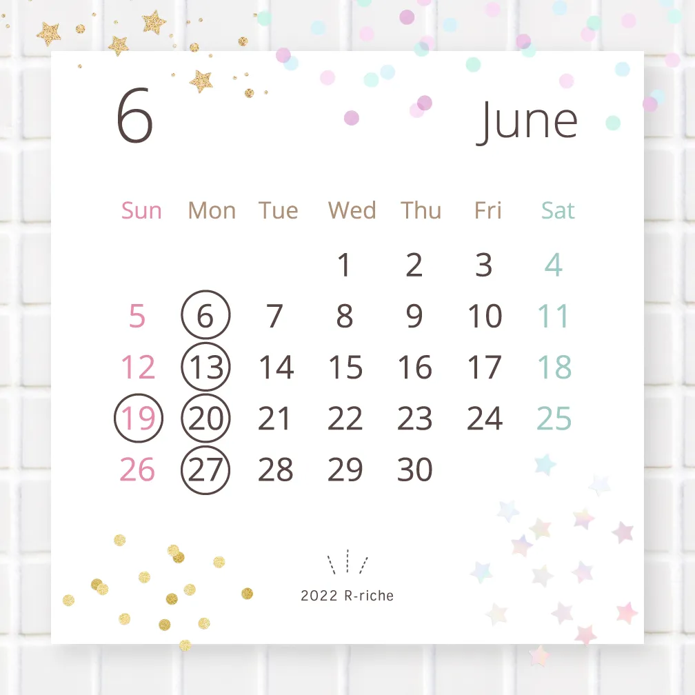 長浜市の美容室 アールリッシュ の6月の営業日カレンダー