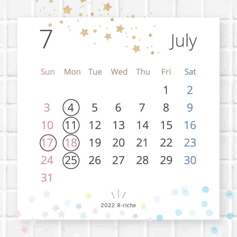 長浜市の美容室 アールリッシュ の7月の営業日カレンダー