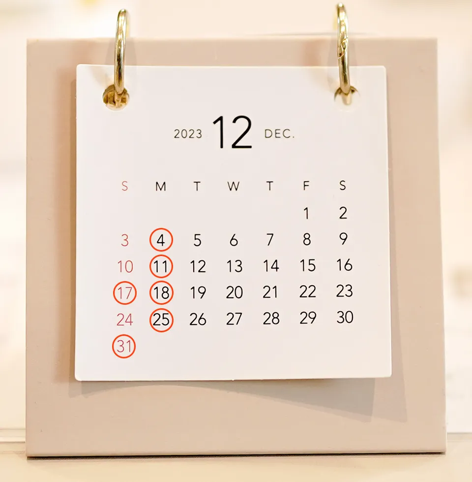 長浜市の 美容室 アールリッシュ 12月の営業日カレンダー 長浜 高月 ヘアサロン