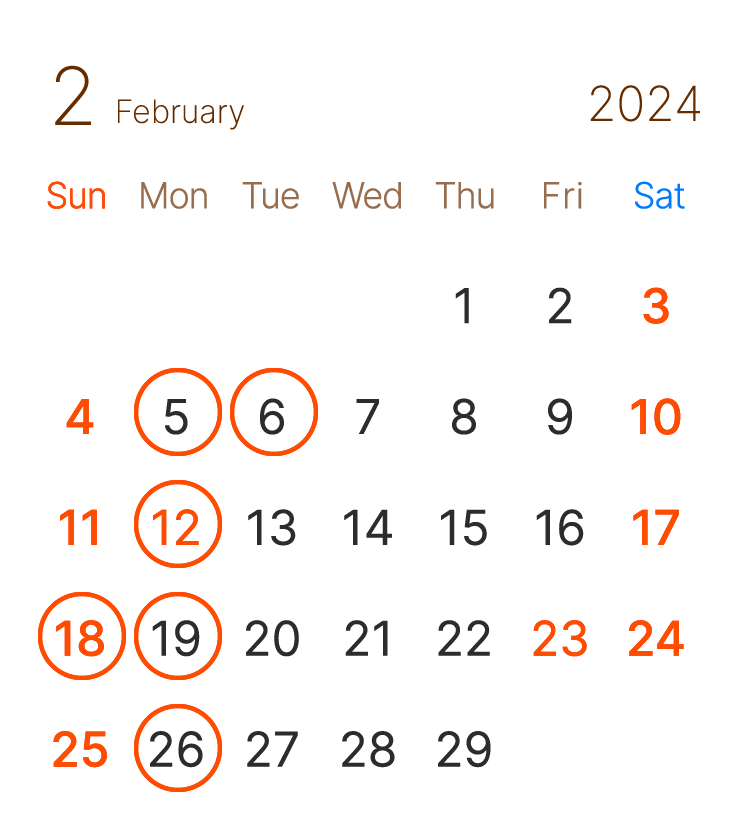 長浜市の 美容室 アールリッシュ 2月の営業日カレンダー 長浜 高月 ヘアサロン