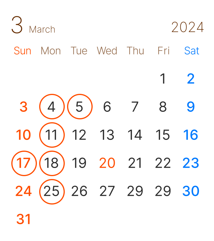 長浜市の 美容室 アールリッシュ 3月の営業日カレンダー 長浜 高月 ヘアサロン