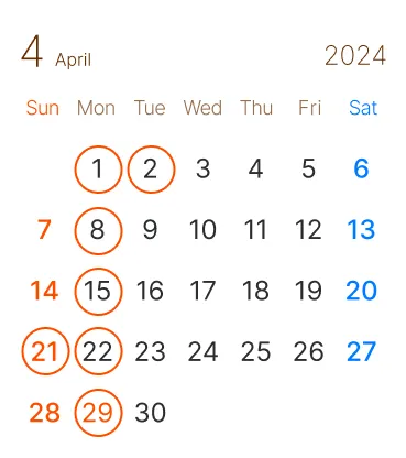 長浜市の 美容室 アールリッシュ 4月の営業日カレンダー 長浜 高月 ヘアサロン