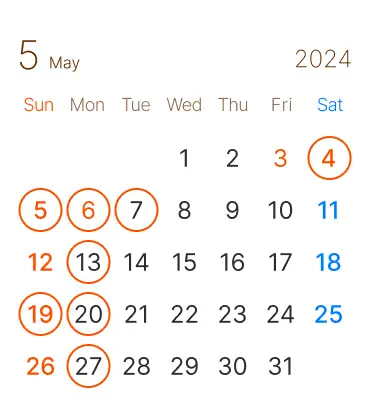 長浜市の 美容室 アールリッシュ 5月の営業日カレンダー 長浜 高月 ヘアサロン