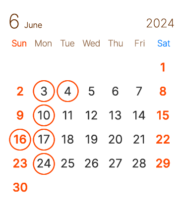長浜市の 美容室 アールリッシュ 6月の営業日カレンダー 長浜 高月 ヘアサロン