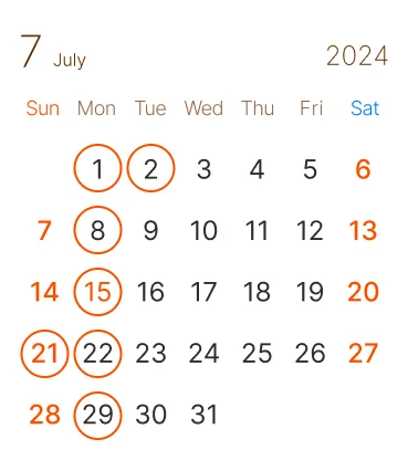 長浜市の 美容室 アールリッシュ 7月の営業日カレンダー 長浜 高月 ヘアサロン カットはもちろん、髪質改善、ブリーチ、デザインカラーもお任せください！