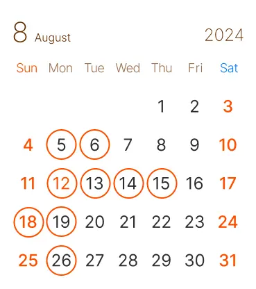長浜市の 美容室 アールリッシュ 8月の営業日カレンダー 長浜 高月 ヘアサロン 髪質改善、ブリーチ、デザインカラーもお任せください！