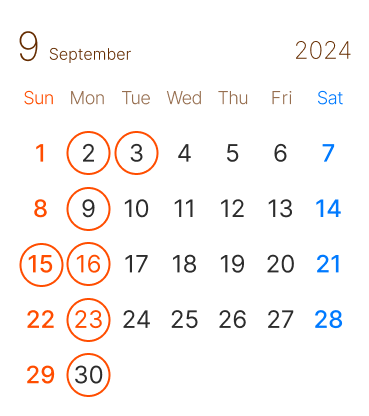 長浜市の 美容室 アールリッシュ 9月の営業日カレンダー 長浜 高月 ヘアサロン 髪質改善、ブリーチ、デザインカラーならお任せください！