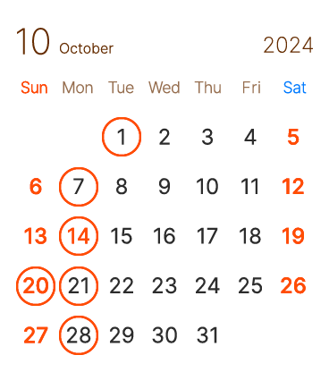 長浜市の美容室 アールリッシュ 10月の営業日カレンダー