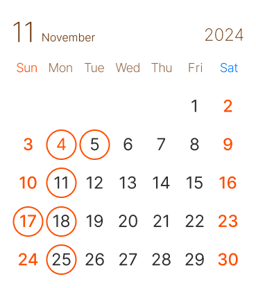 長浜市の美容室 アールリッシュ 11月の営業日カレンダー