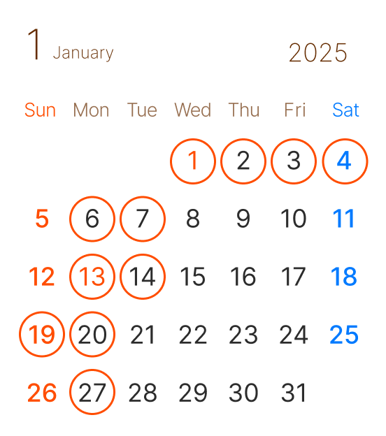 長浜市の美容室 アールリッシュ 1月の営業日カレンダー