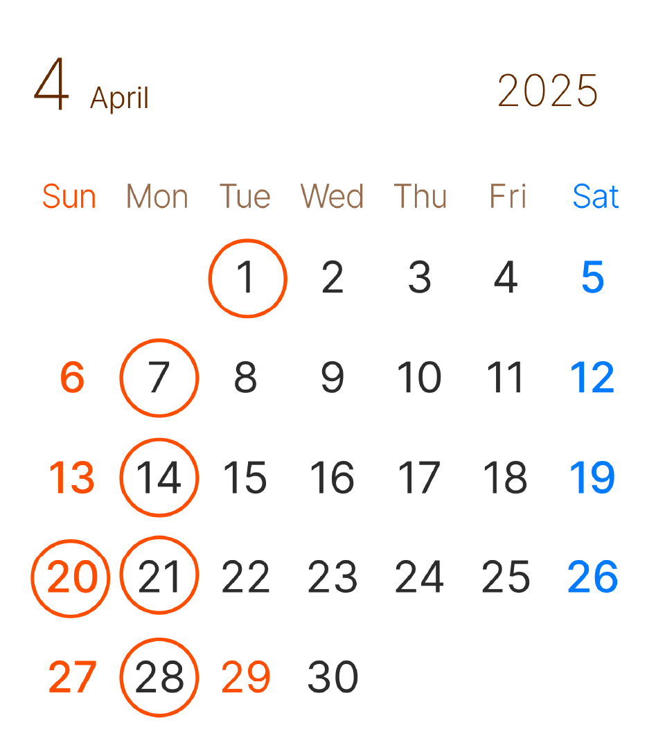 長浜市の美容室 アールリッシュ 4月の営業日カレンダー