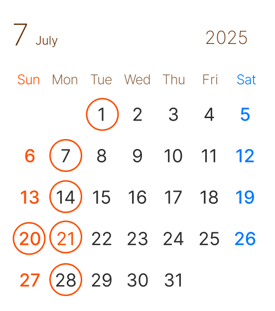 長浜市の美容室 アールリッシュ 7月の営業日カレンダー