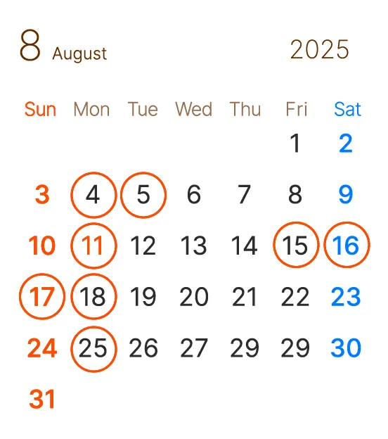 長浜市の美容室 アールリッシュ 8月の営業日カレンダー