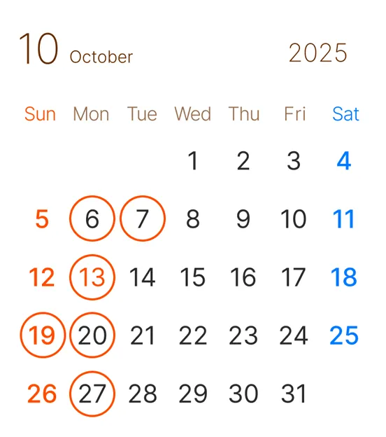 長浜市の美容室 アールリッシュ 10月の営業日カレンダー