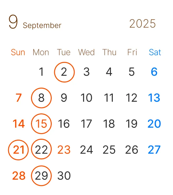 長浜市の美容室 アールリッシュ 9月の営業日カレンダー
