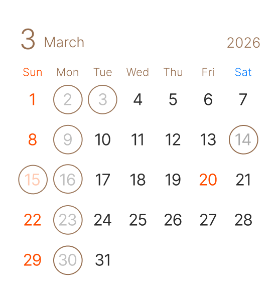 長浜市の美容室 アールリッシュ 3月の営業日カレンダー