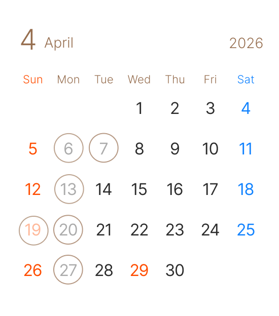 長浜市の美容室 アールリッシュ 4月の営業日カレンダー