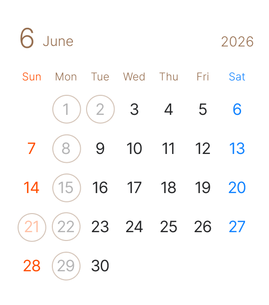 長浜市の美容室 アールリッシュ 6月の営業日カレンダー