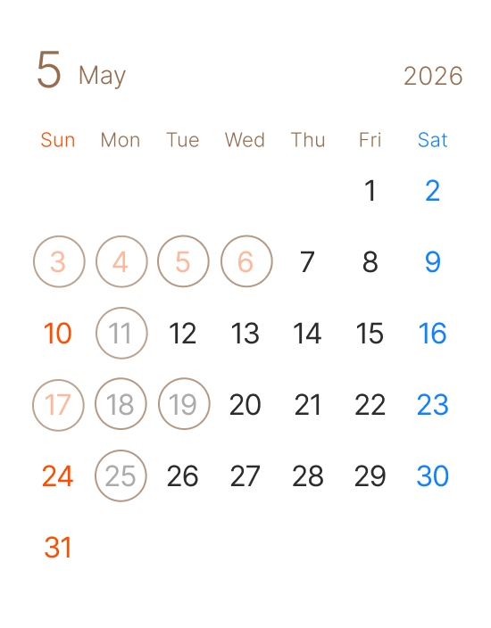 長浜市の美容室 アールリッシュ 5月の営業日カレンダー